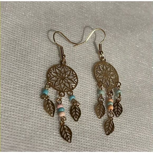 Shein Gold Tone Pink Blue Beaded Windcatcher Southwestern Dangle Earrings NEW - Picture 2 of 3